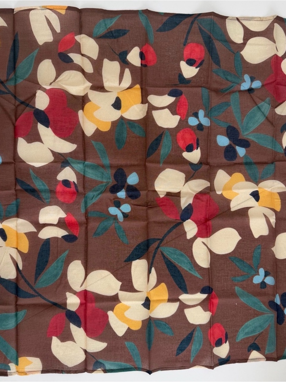 Sezane Floral Silk Scarf in Brown, Cream, Red, Yellow, Teal